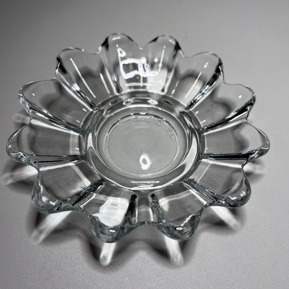 Vtg Pressed Clear Glass Tray Scalloped Flower Edge Candle Holder Trinket